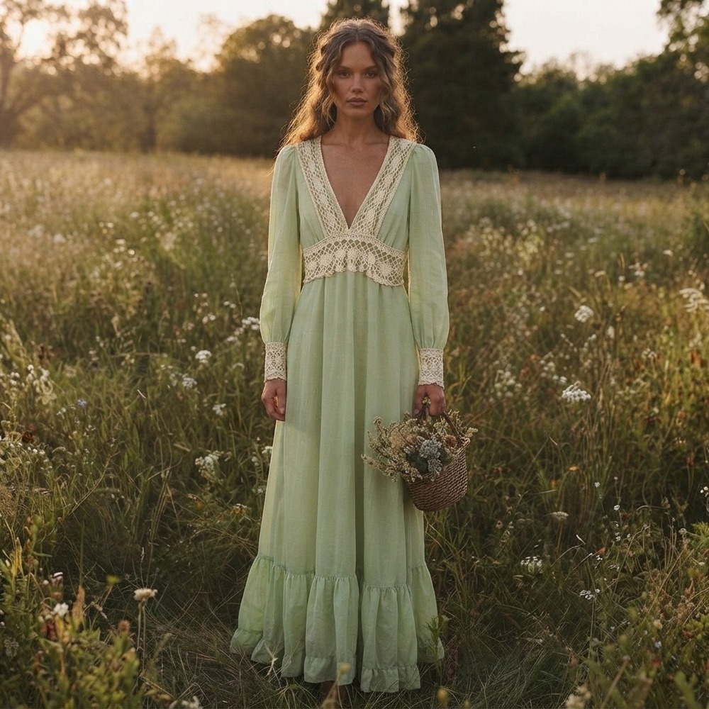 Gunne Sax by Jessica sage green Prairie Maxi Dress 70s Vintage Lace Cottage 11 - Picture 4 of 11